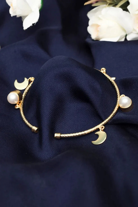 Zehnaz - Gold Tone Crescent Moon and Pearl Open Cuff Bracelet