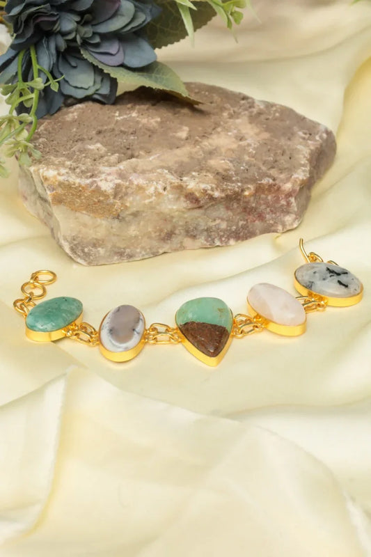 Zehnaz - Gold-Tone Natural Multi-Gemstone Bezel Link Bracelet Amazonite & Quartz
