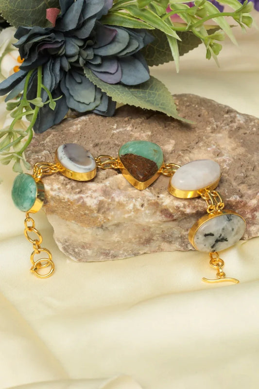 Zehnaz - Gold-Tone Natural Multi-Gemstone Bezel Link Bracelet Amazonite & Quartz