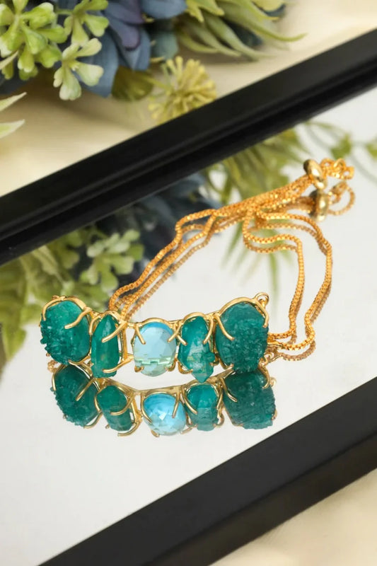 Zehnaz - Gold-Tone Raw Green Stone Adjustable Slider Bracelet Boho Chic