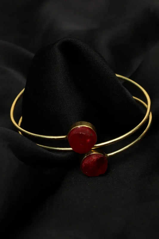 Zehnaz - Gold-Tone Red Accent Open Cuff Bracelet Elegant Meenakari-Inspired Design
