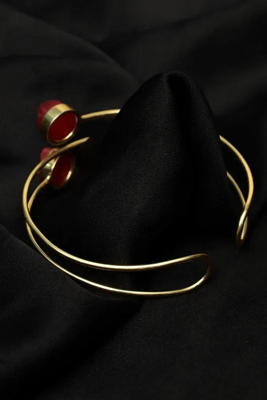 Zehnaz - Gold-Tone Red Accent Open Cuff Bracelet Elegant Meenakari-Inspired Design