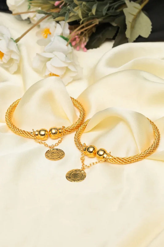 Zehnaz - Gold-Tone Paired Twisted Bangle Bracelet with Hammered Coin Charm Stackable Fashion Jewelry