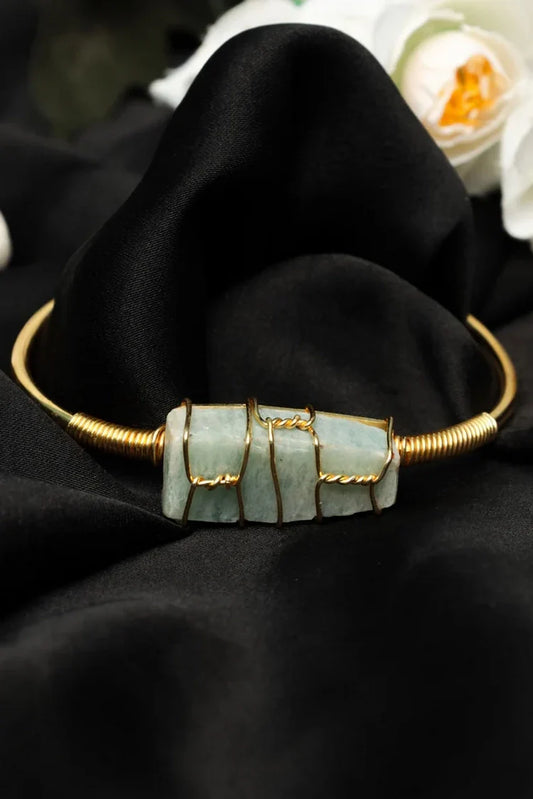 Zehnaz - Handmade Gold-Plated Wire-Wrapped Amazonite Cuff Bracelet Boho Statement Jewelry