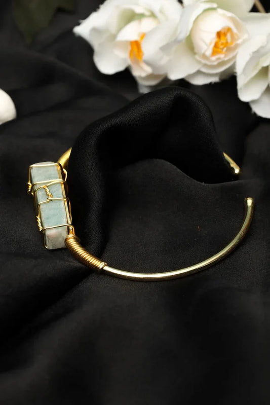 Zehnaz - Handmade Gold-Plated Wire-Wrapped Amazonite Cuff Bracelet Boho Statement Jewelry