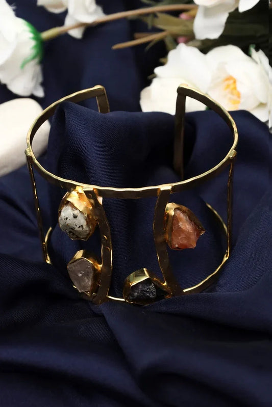 Zehnaz - Handmade Gold-Tone Raw Gemstone Cuff Bracelet Boho Statement Jewelry