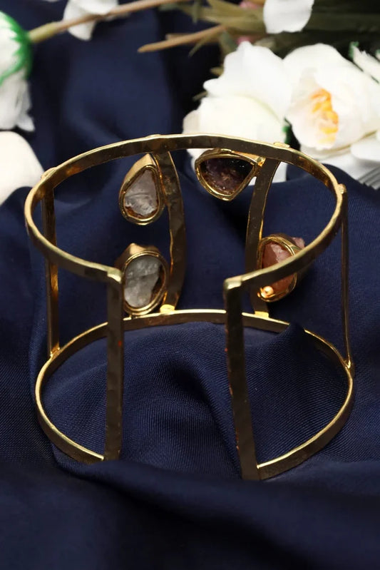 Zehnaz - Handmade Gold-Tone Raw Gemstone Cuff Bracelet Boho Statement Jewelry