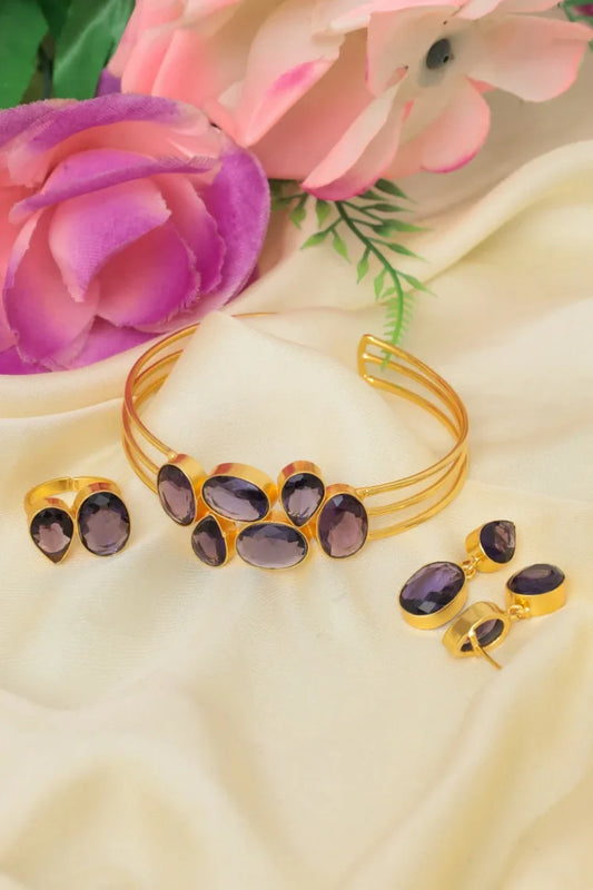 Zehnaz - Gold-Plated Amethyst Jewelry Set Cuff Bracelet, Ring & Drop Earrings