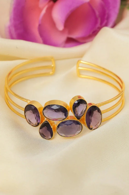 Zehnaz - Gold-Plated Amethyst Jewelry Set Cuff Bracelet, Ring & Drop Earrings