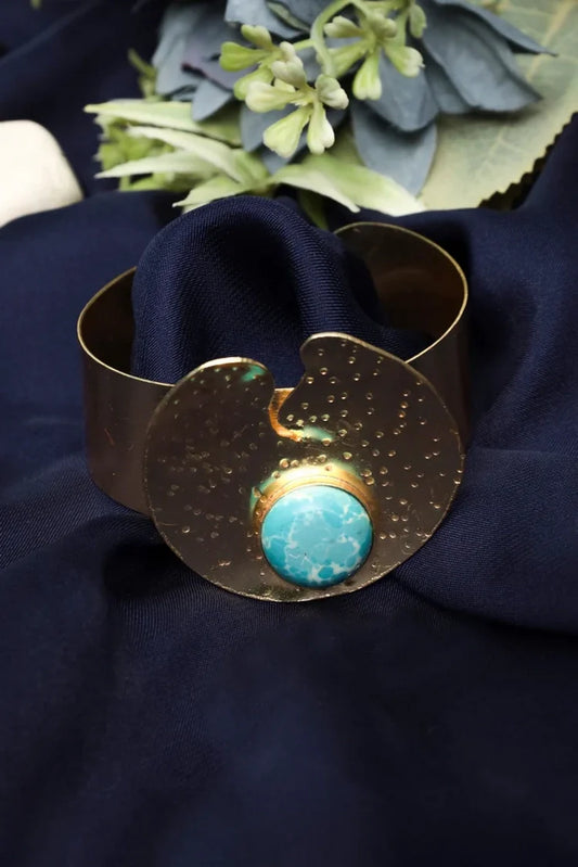 Zehnaz - Treesa Gold Tone Hammered Bangle with Turquoise Stone Adjustable Open Cuff Bracelet