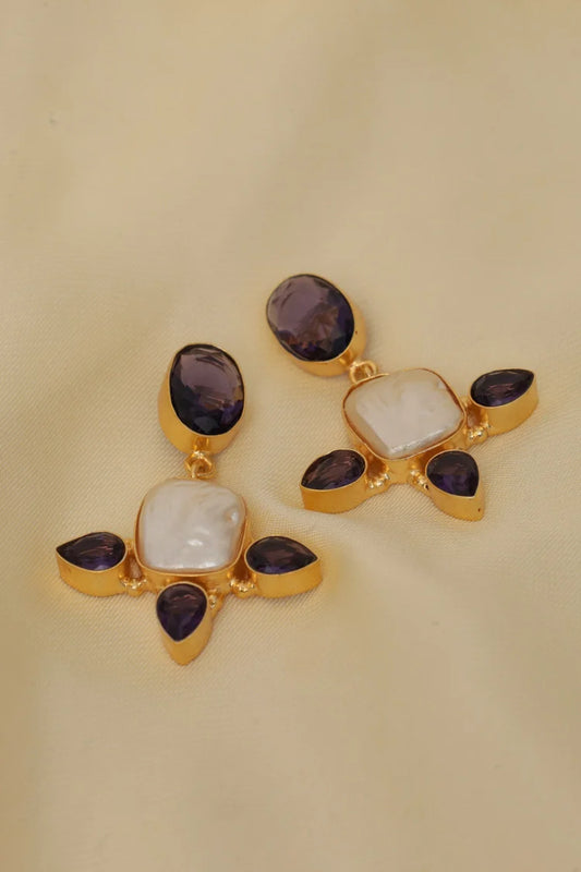 Zehnaz - Gold Plated Amethyst Drop Statement Earrings