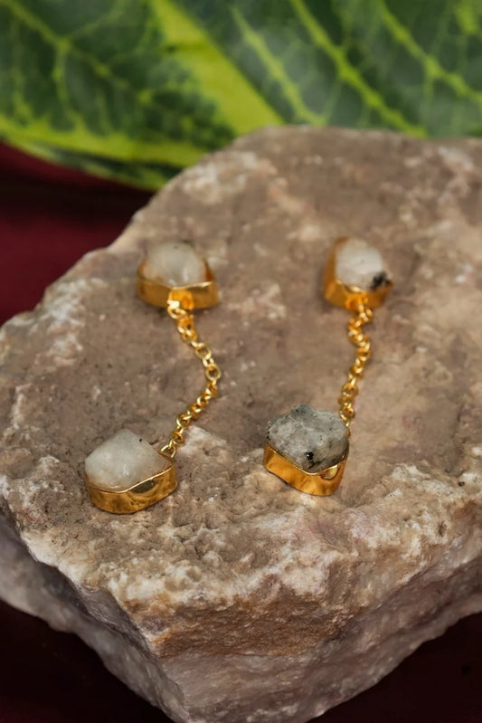 Zehnaz - Gold Plated White Quartz Drop Earrings