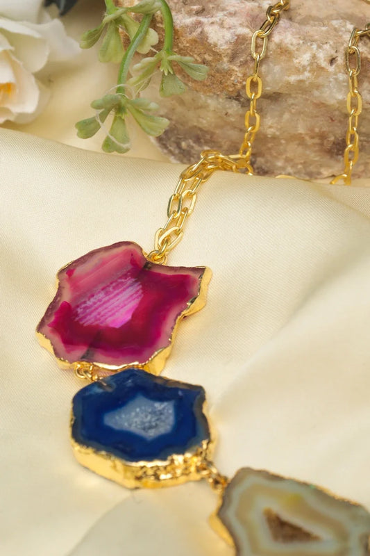 Zehnaz - Agate Slice Statement Necklace Multicolor Gold-Plated Boho Necklace