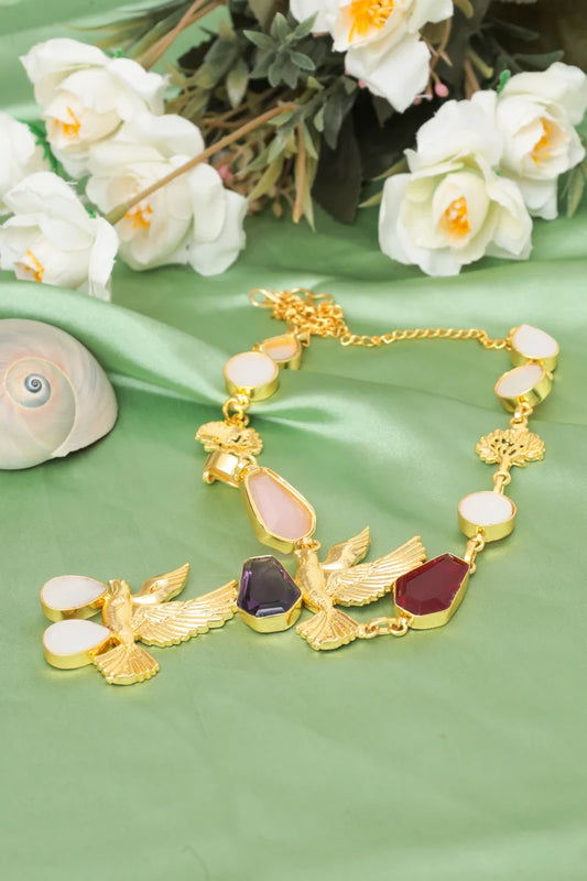 Zehnaz - Bird Gem Necklace Gold-Plated Statement Jewelry with Multi-Colored Stones