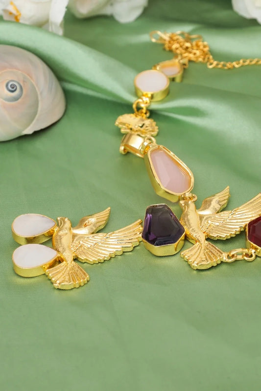 Zehnaz - Bird Gem Necklace Gold-Plated Statement Jewelry with Multi-Colored Stones