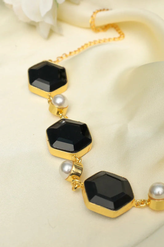 Zehnaz - Black Hexagon & Pearl Chain Necklace Gold-Tone Statement Jewelry