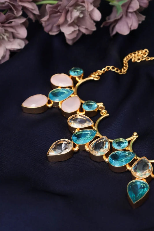 Zehnaz - Blue Gold Necklace Gold-Plated Floral Statement Jewelry