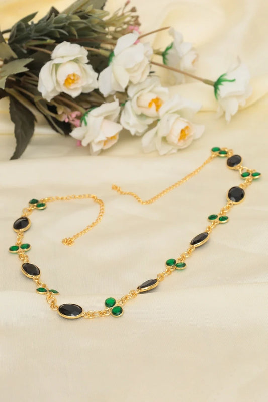 Zehnaz - Emerald Noir Necklace Gold Plated Green & Black Stone Jewelry