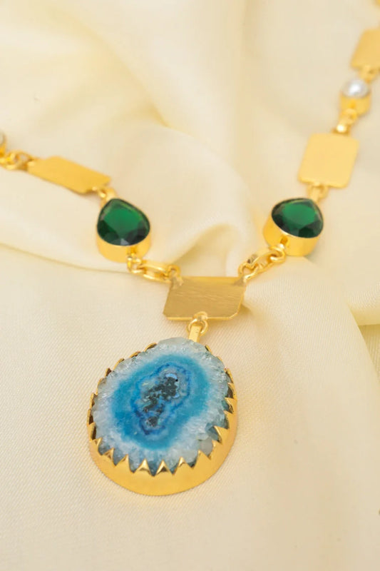 Zehnaz - Gertie Agate Necklace Gold-Plated Statement Jewelry with Blue & Green Stones
