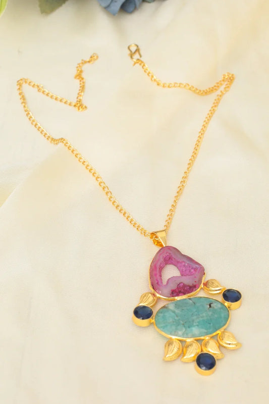 Zehnaz - Golden Agate Necklace Gold-Plated Statement Jewelry with Pink & Turquoise Stones
