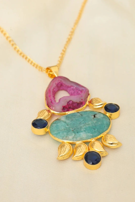 Zehnaz - Golden Agate Necklace Gold-Plated Statement Jewelry with Pink & Turquoise Stones