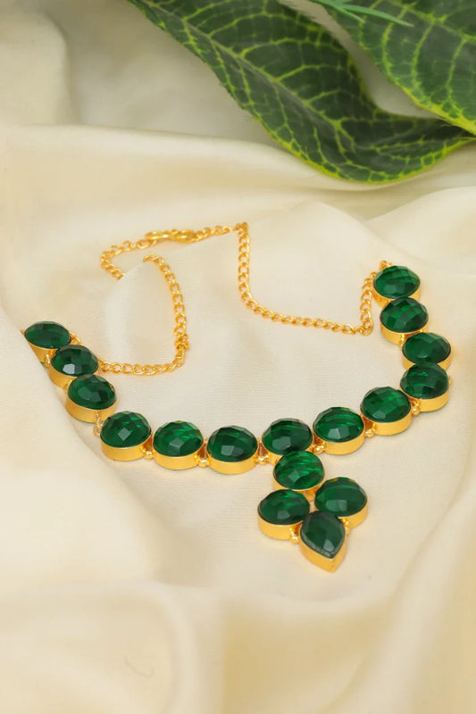 Zehnaz - Gold-Plated Green Oval Stone Necklace Statement Choker Jewelry