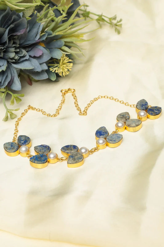 Zehnaz - Lapis & Pearl Necklace Handmade Gold-Plated Jewelry