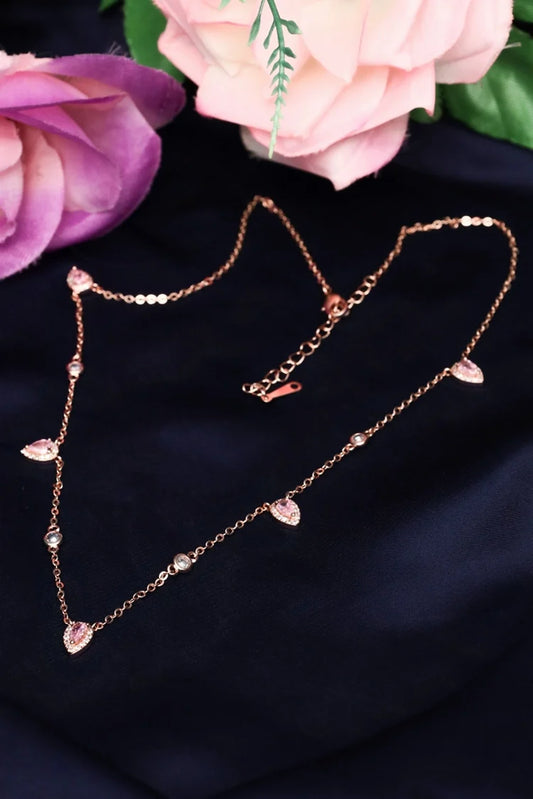 Zehnaz - Rose Gold CZ Heart & Teardrop Charm Necklace Dainty Jewelry