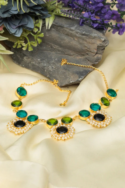 Zehnaz - Royal Green & Black Necklace Gold-Plated Ethnic Statement Jewelry