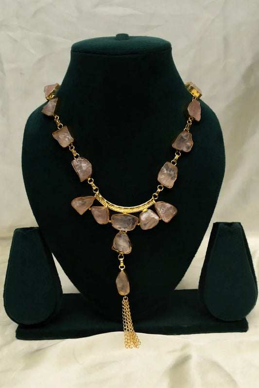 Zehnaz - Gold-Plated Raw Rose Quartz Necklace & Earring Set Pink Stone Jewelry