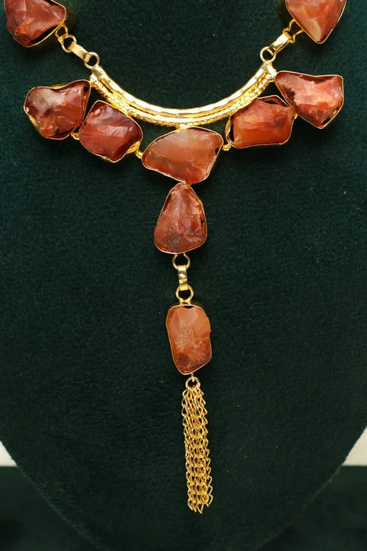 Zehnaz - Gold-Plated Raw Orange Stone Necklace & Earring Set Boho Style