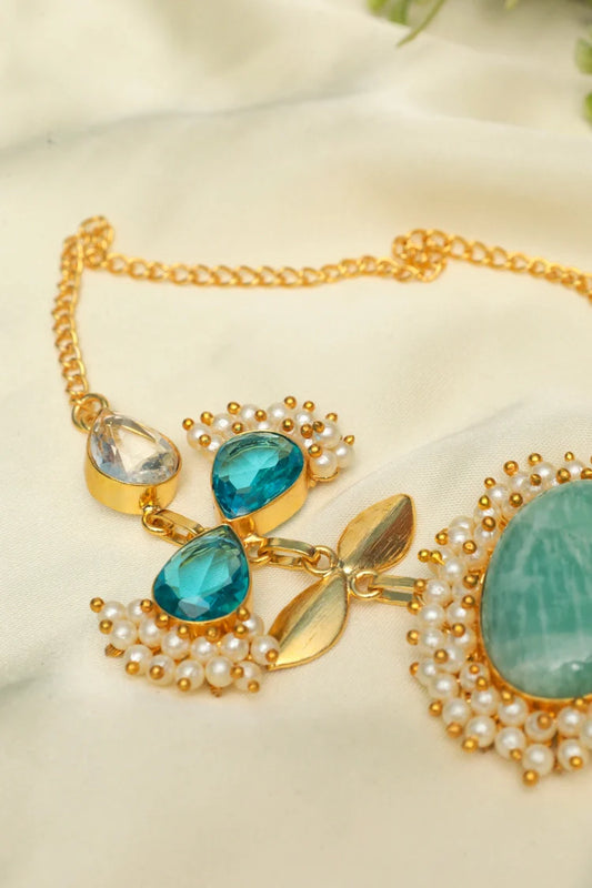 Zehnaz - Turquoise & Pearl Gold-Plated Choker Necklace Set