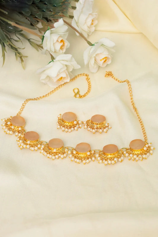 Zehnaz - Peach Pearl Gold Plated Choker Necklace Set