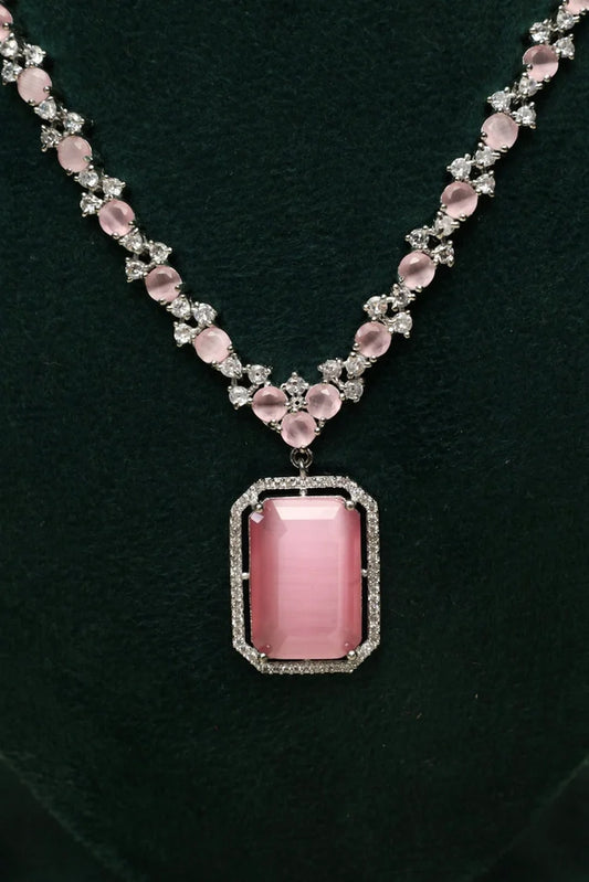 Zehnaz - Silver Plated American Diamond Necklace Set with Pink Center Stone