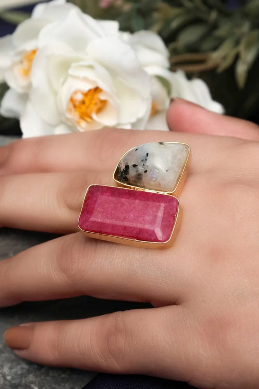 Zehnaz - Gold Plated Toi et Moi Ring with Ruby and Moonstone
