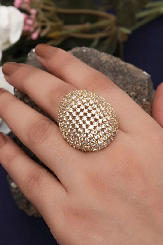 Zehnaz - Gold Plated Adjustable Dome Ring with Cubic Zirconia