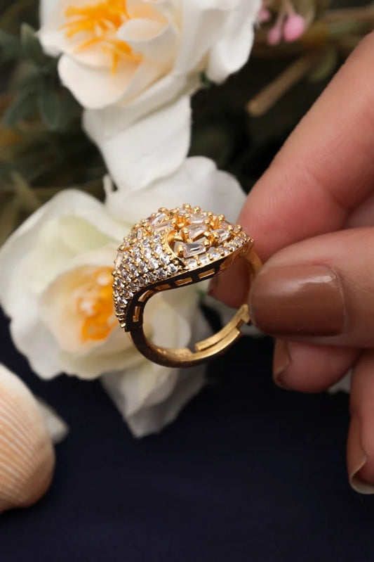 Zehnaz - Gold Plated Cluster Ring with Baguette and Round Zircon Stones