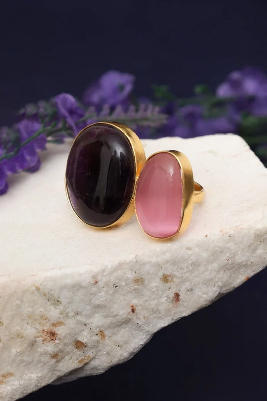 Zehnaz - Gold Plated Double-Stone Ring with Amethyst and Rose Quartz