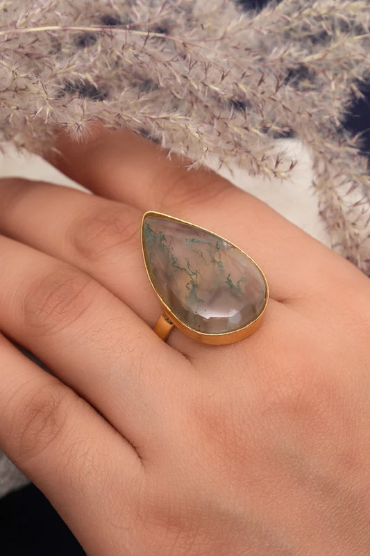Zehnaz - Gold Tone Teardrop Moss Agate Ring