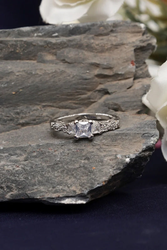 Zehnaz - Silver Plated Princess-Cut Solitaire Ring with Vintage Ornate Band