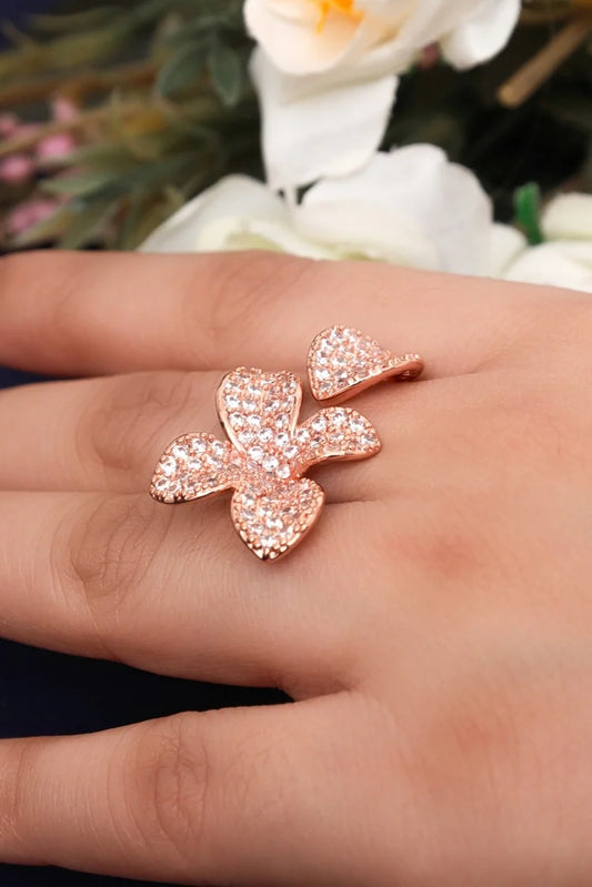 Zehnaz - Rose Gold Flower Ring with Sparkling Stone-Encrusted Petals