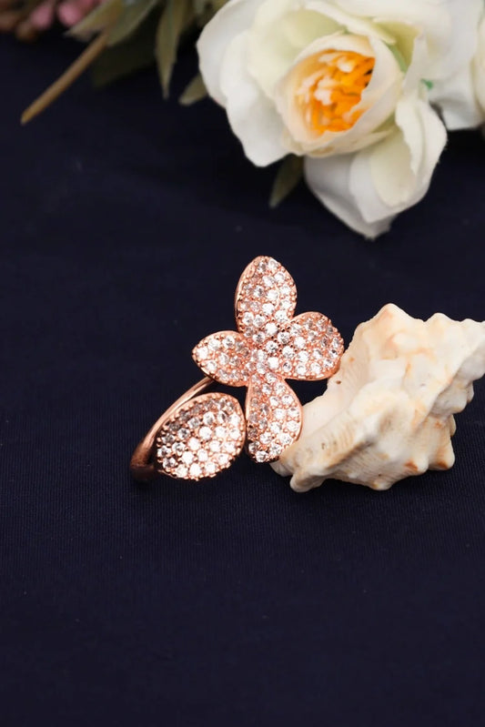 Zehnaz - Rose Gold Flower Ring with Sparkling Stone-Encrusted Petals