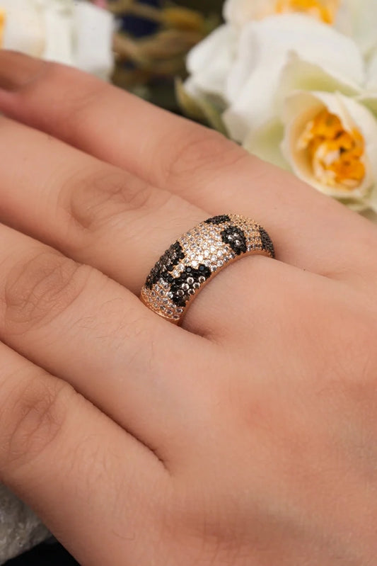 Zehnaz - Rose Gold Plated Leopard Print Open Cuff Ring with Pave Stones