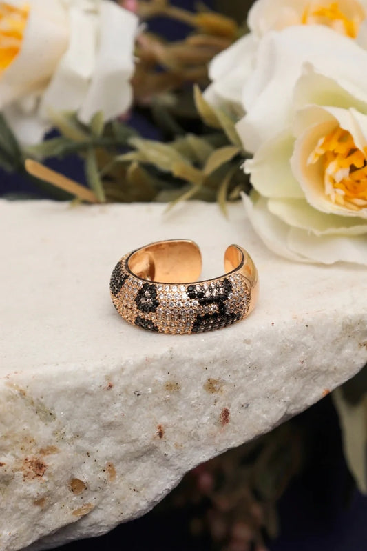 Zehnaz - Rose Gold Plated Leopard Print Open Cuff Ring with Pave Stones