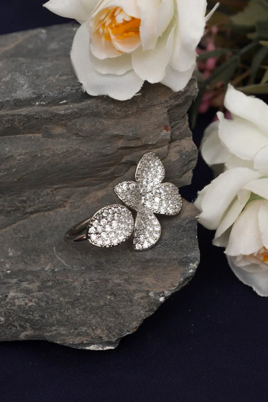 Zehnaz - Silver Plated Butterfly Ring Fully Paved with Cubic Zirconia
