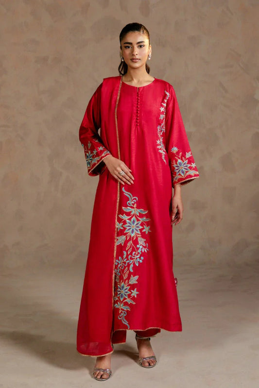Picture of Zehnaz - Embroidered Russian Raw Silk - 3 Piece - Carmine - Available at Raja Sahib