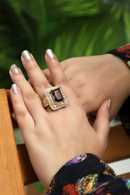 Zehnaz - Gold Plated Amethyst Cubic Zirconia Statement Ring