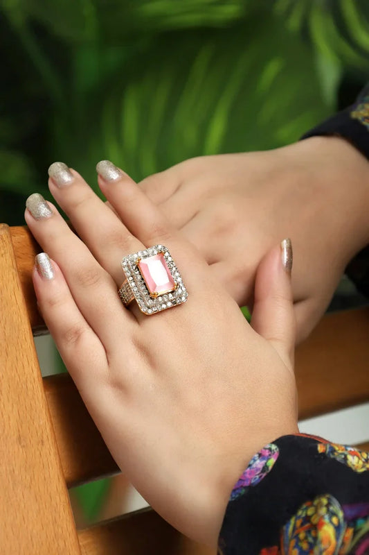 Zehnaz - Gold Plated Pink Aurora Cubic Zirconia Statement Ring
