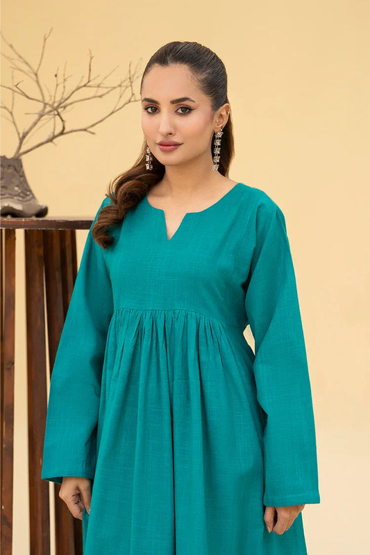 Zarlay - Khaddar Flowy Shirt Dress - Teal Green