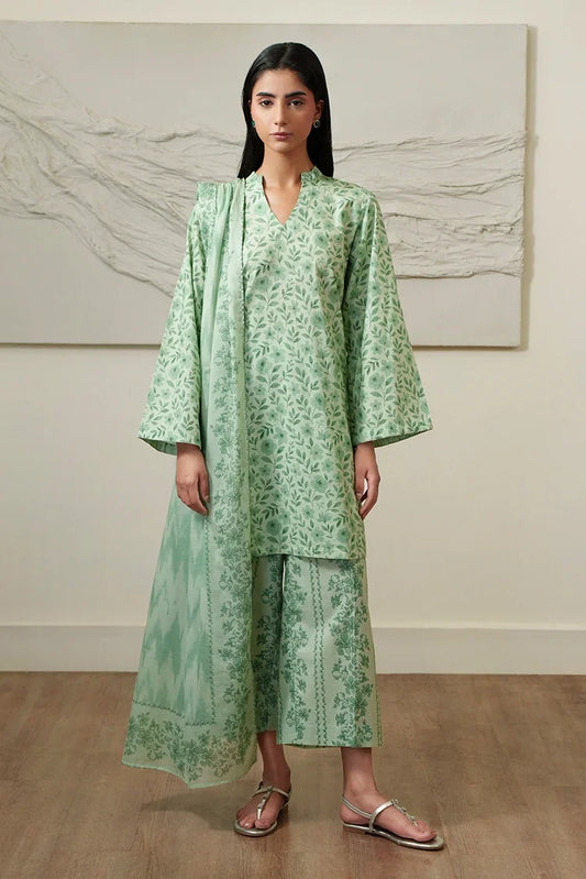 Cross Stitch - Printed Lawn Suit - 3 Piece - Mint Bloom